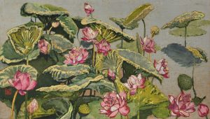 Lotus in Serene Hues - Lacquer Painting by Artist Le Khanh Hieu