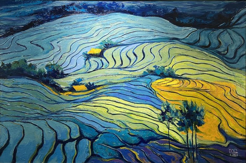 The Blue Plateau - Vietnamese Oil Painting Landscape by Artist Minh Chinh