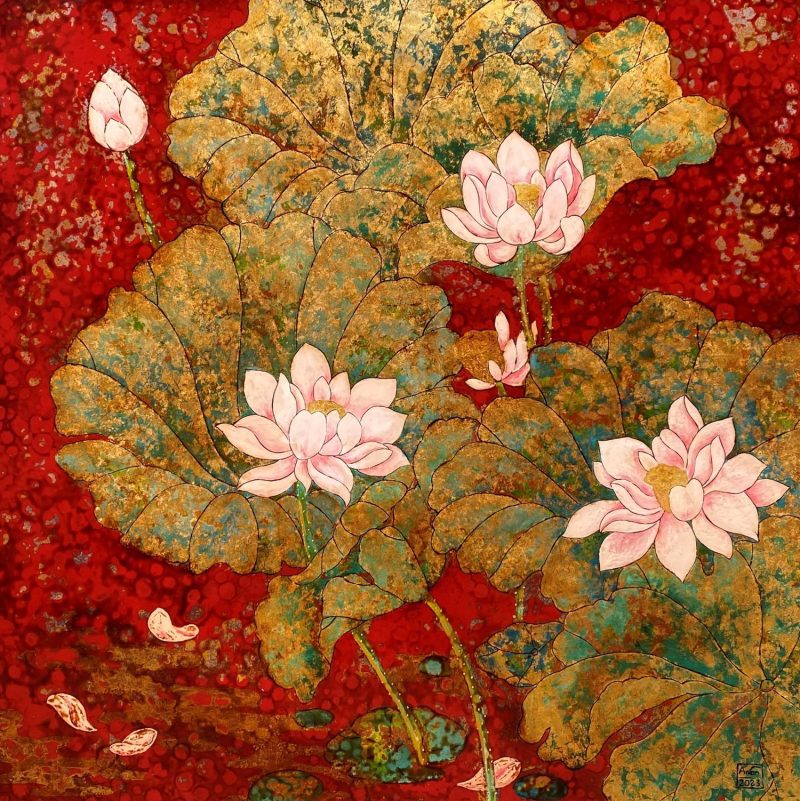 The Color of Lotus - Vietnamese Lacquer Painting by Artist Chau Ai Van
