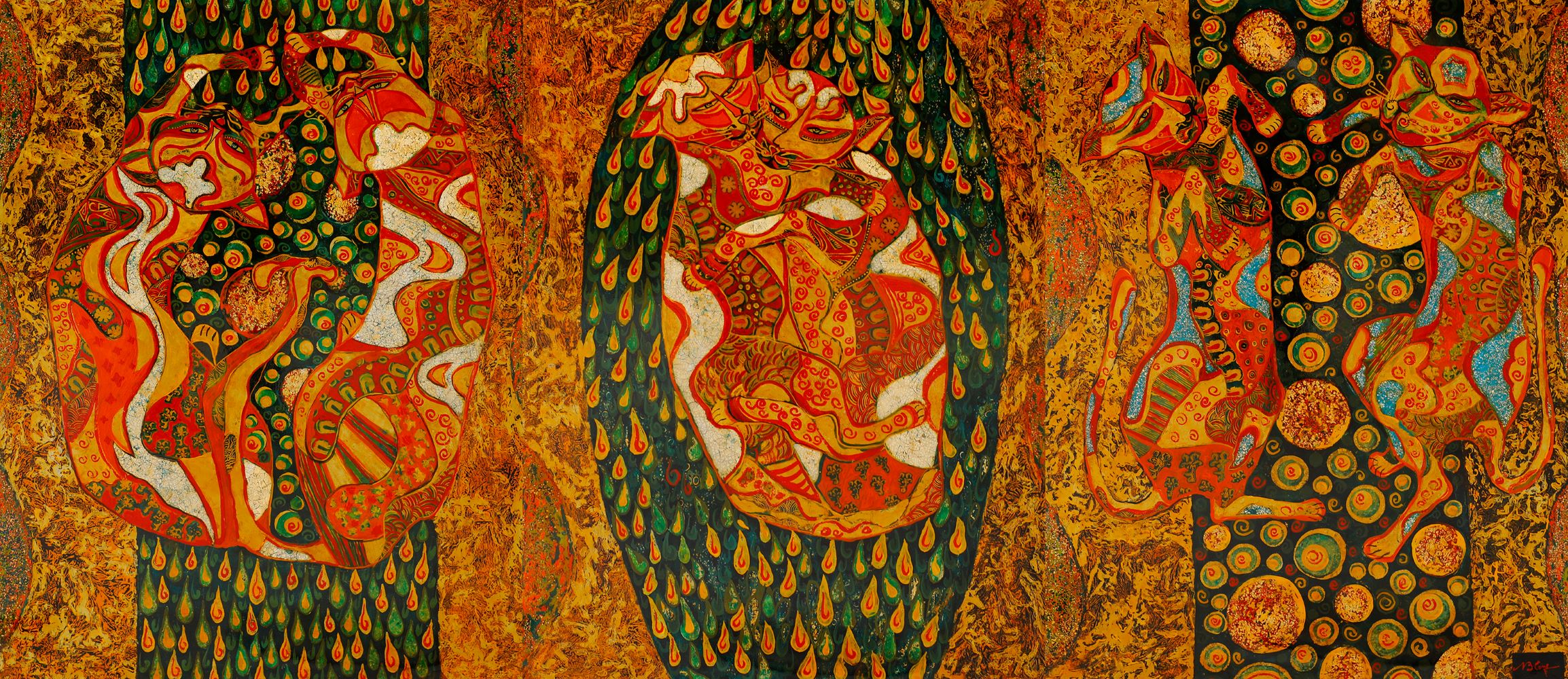 The Dance of Cats - Vietnamese Lacquer Painting by Artist Ngo Ba Cong