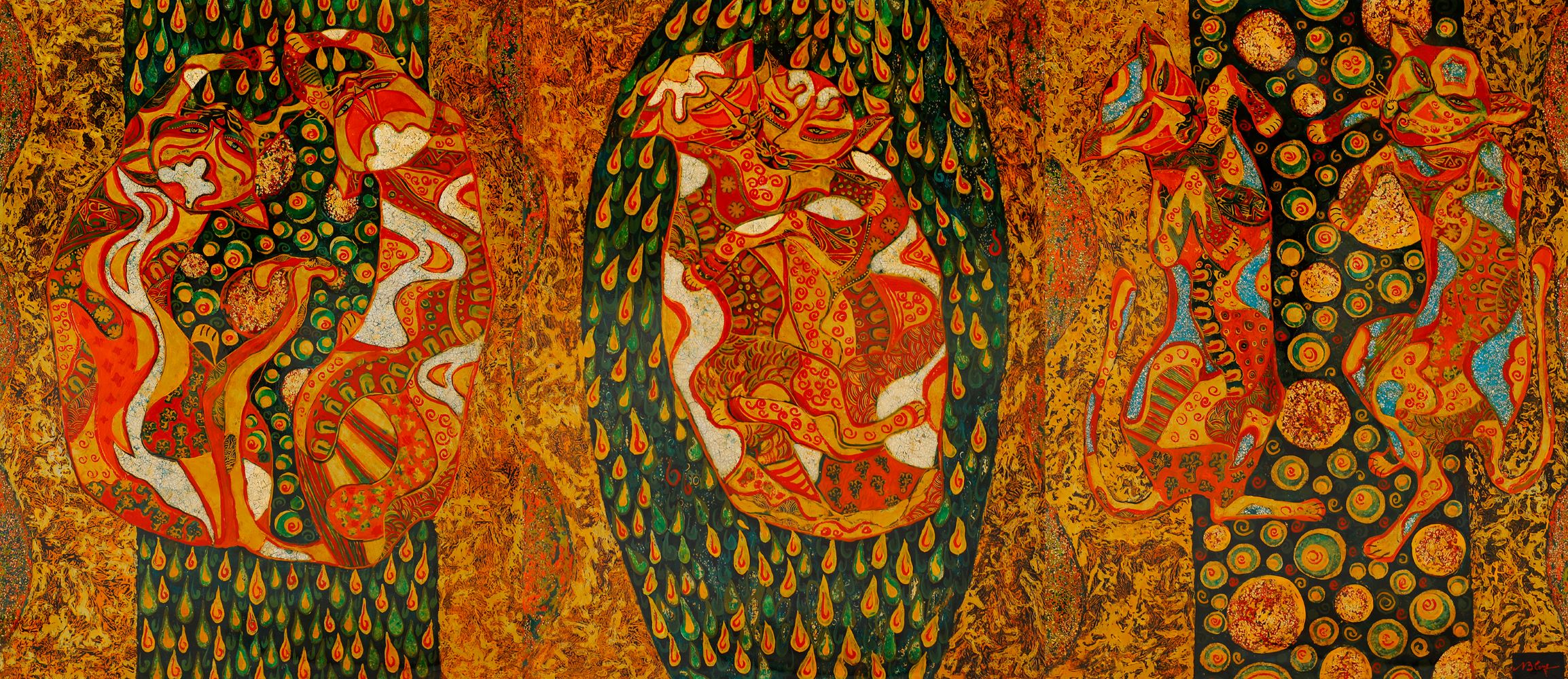 The Dance of Cats - Vietnamese Lacquer Painting by Artist Ngo Ba Cong