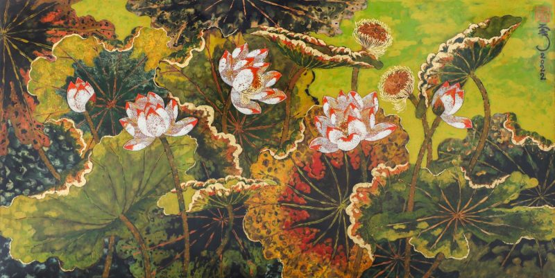 The Five Lotuses I - Vietnamese Lacquer Painting by Artist Tran Thieu Nam