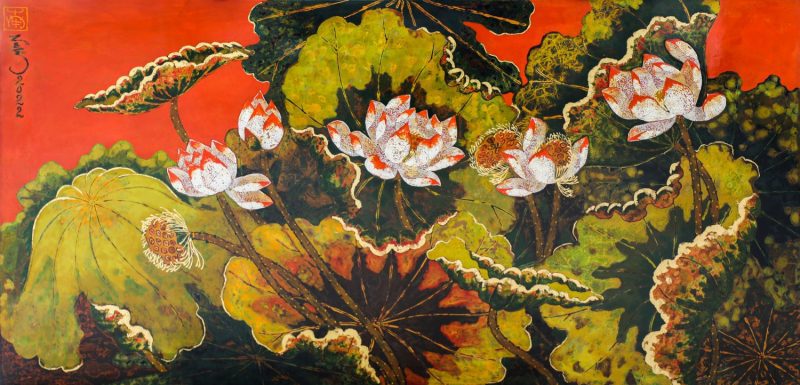 The Five Lotuses II - Vietnamese Lacquer Painting by Artist Tran Thieu Nam