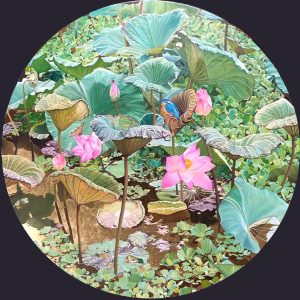 The Five Lotuses Vietnamese Lacquer painting by Artist Nguyen Xuan Viet