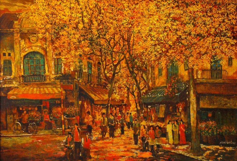 The Old Quarter's Folk - Vietnamese Lacquer Painting by Artist Giap Van Tuan