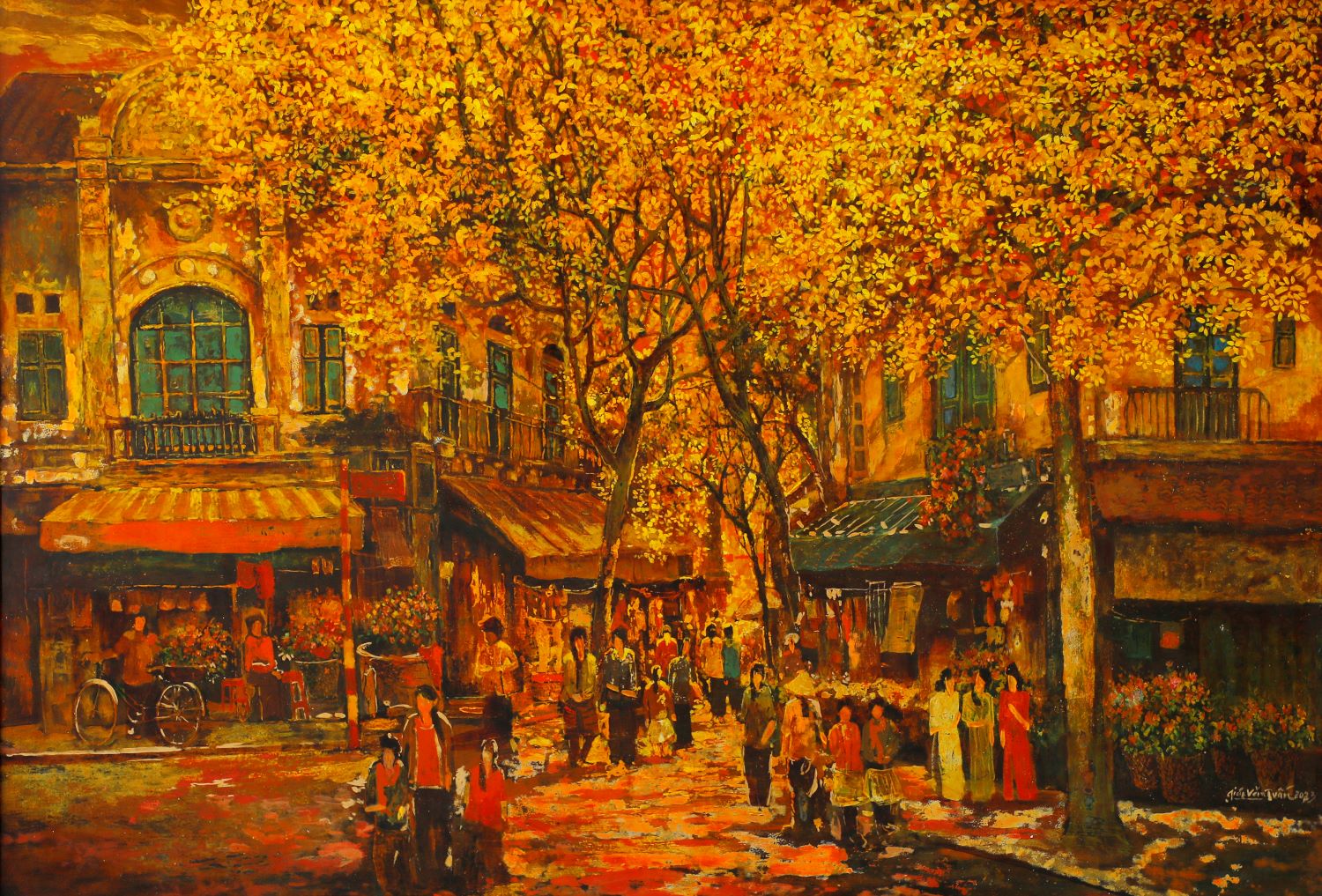 The Old Quarter's Folk - Vietnamese Lacquer Painting by Artist Giap Van Tuan