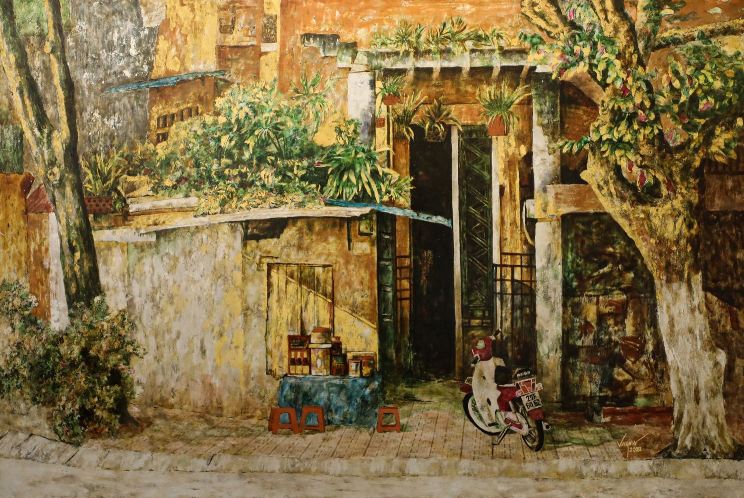 The Porch - Vietnamese Lacquer Painting by Artist Nguyen Van Nghia
