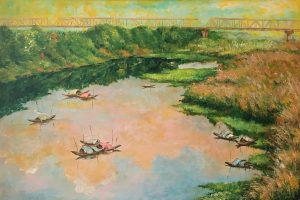 The Red River - Vietnamese Lacquer Painting by Artist Nguyen Xuan Viet