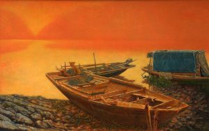 The River Port - Vietnamese Oil Painting by Artist Nguyen Dinh Duy Quyen