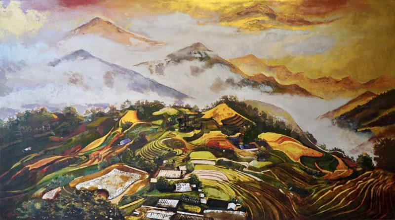 The Scene of Northwest Vietnam - Vietnamese Lacquer Painting by Artist Nguyen Binh Son