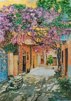 The Small Alley - Vietnamese Lacquer Painting by Artist Nguyen Van Nghia
