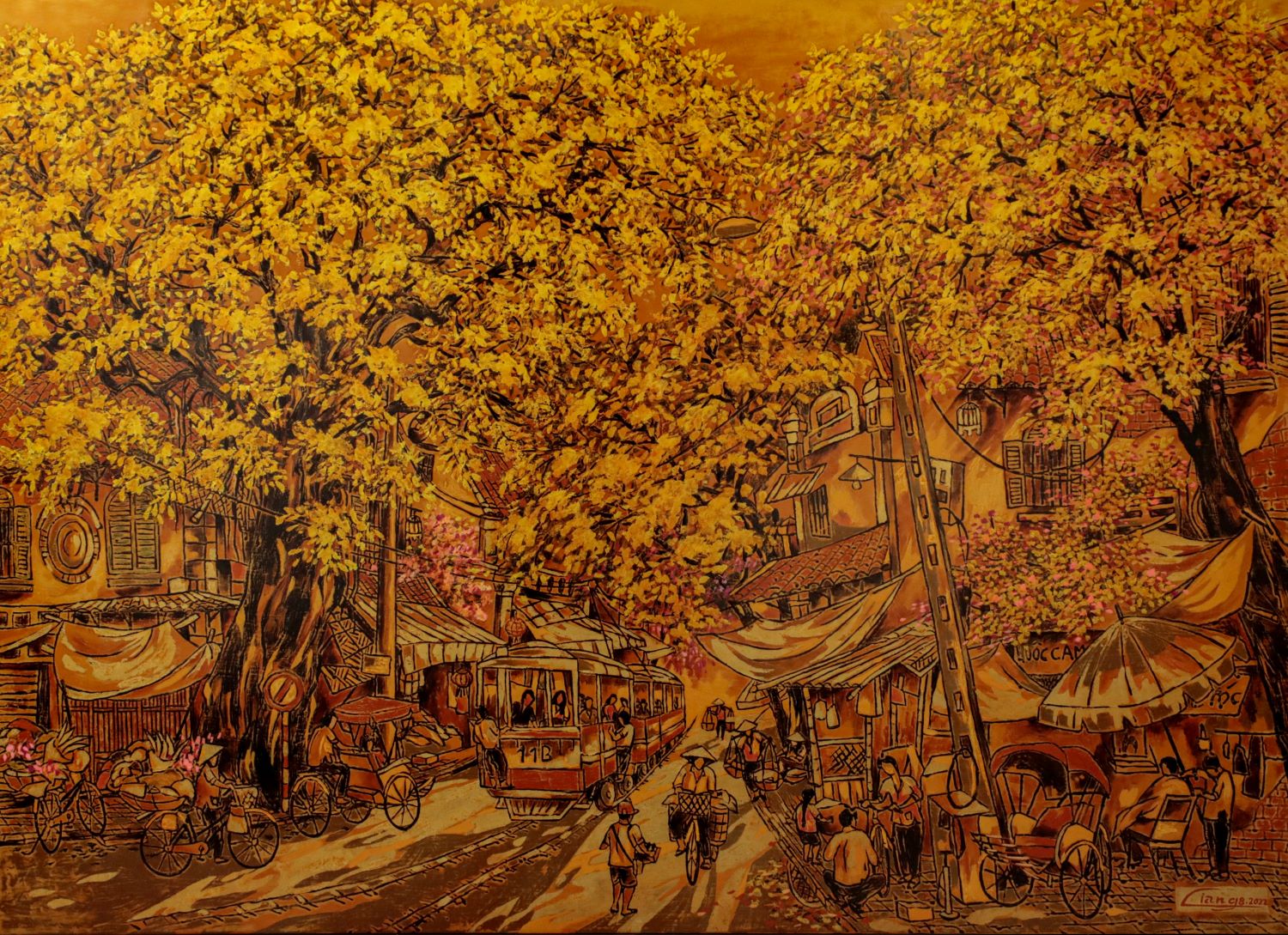 The Sound of Street - Vietnamese Lacquer Painting by Artist Nguyen Hong Giang