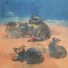 The Tale of Cat Family - Vietnamese Watercolor Painting by Artist Le Van Hoan