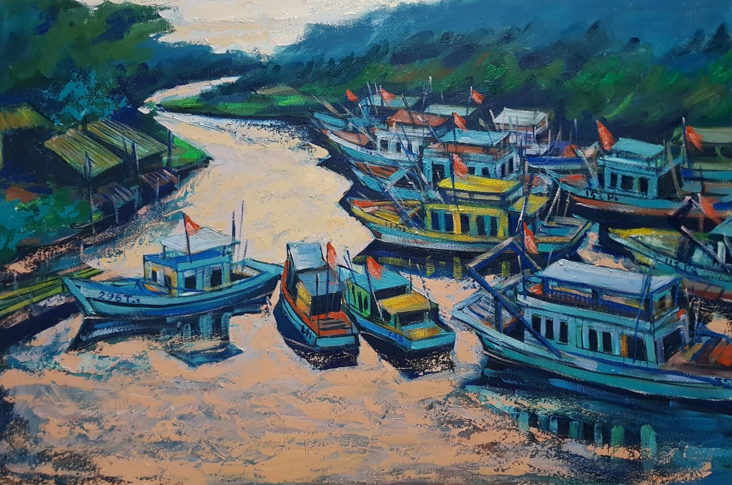 The Wharf - Vietnamese Oil Painting Landscape by Artist Minh Chinh