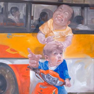The bus stop, oil on canvas, Vietnam art gallery