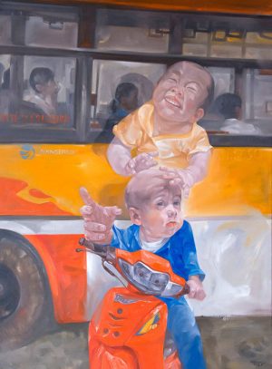 The bus stop, oil on canvas, Vietnam art gallery