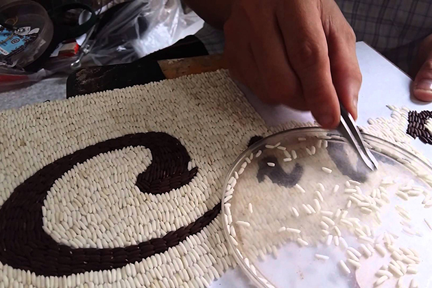 The process of making a rice artwork