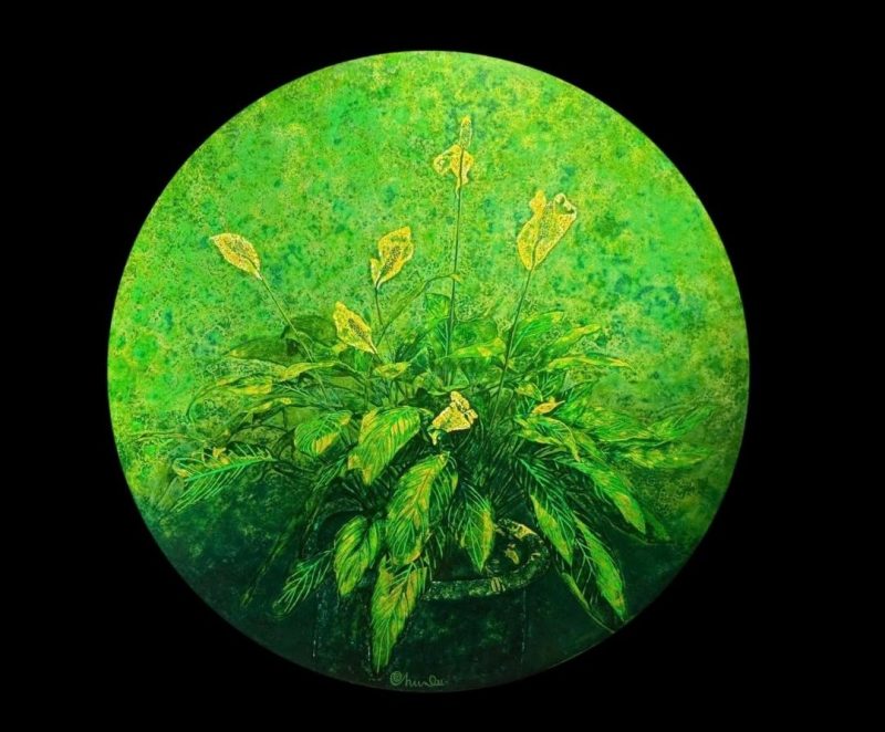 Peace Lily - Vietnamese Lacquer Painting by Artist Nguyen Thanh Chung