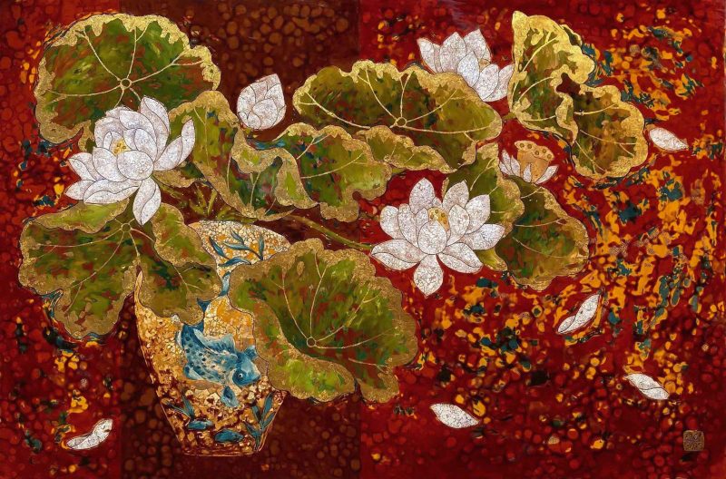 Fragrance of the Lotus - Vietnamese Lacquer Painting by Artist Chau Ai Van