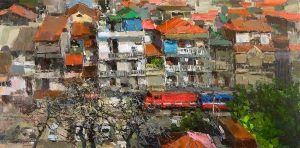 Train in Spring - Vietnamese Oil Painting Street by Artist Pham Hoang Minh