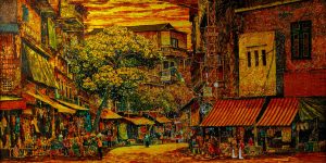 Urban Rhapsody - Vietnamese Lacquer Painting by Artist Giap Van Tuan