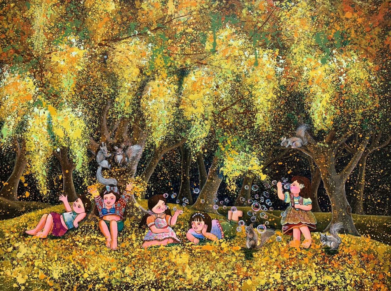 Under the Cassia Fistula acrylic painting of artist Nguyen Tu Quyen