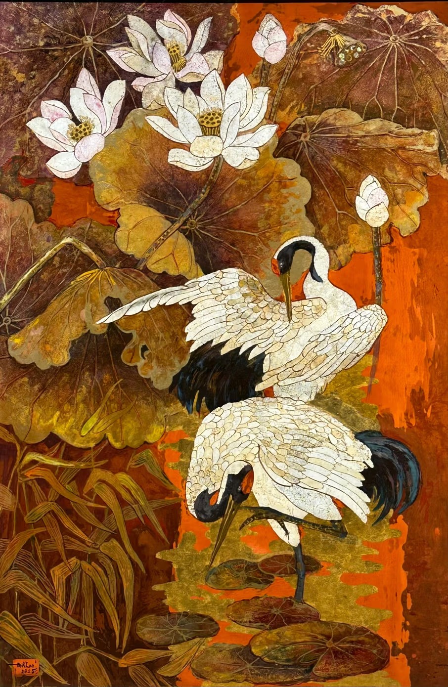 Lovebirds III - - Vietnamese Lacquer Painting by Artist Do Khai