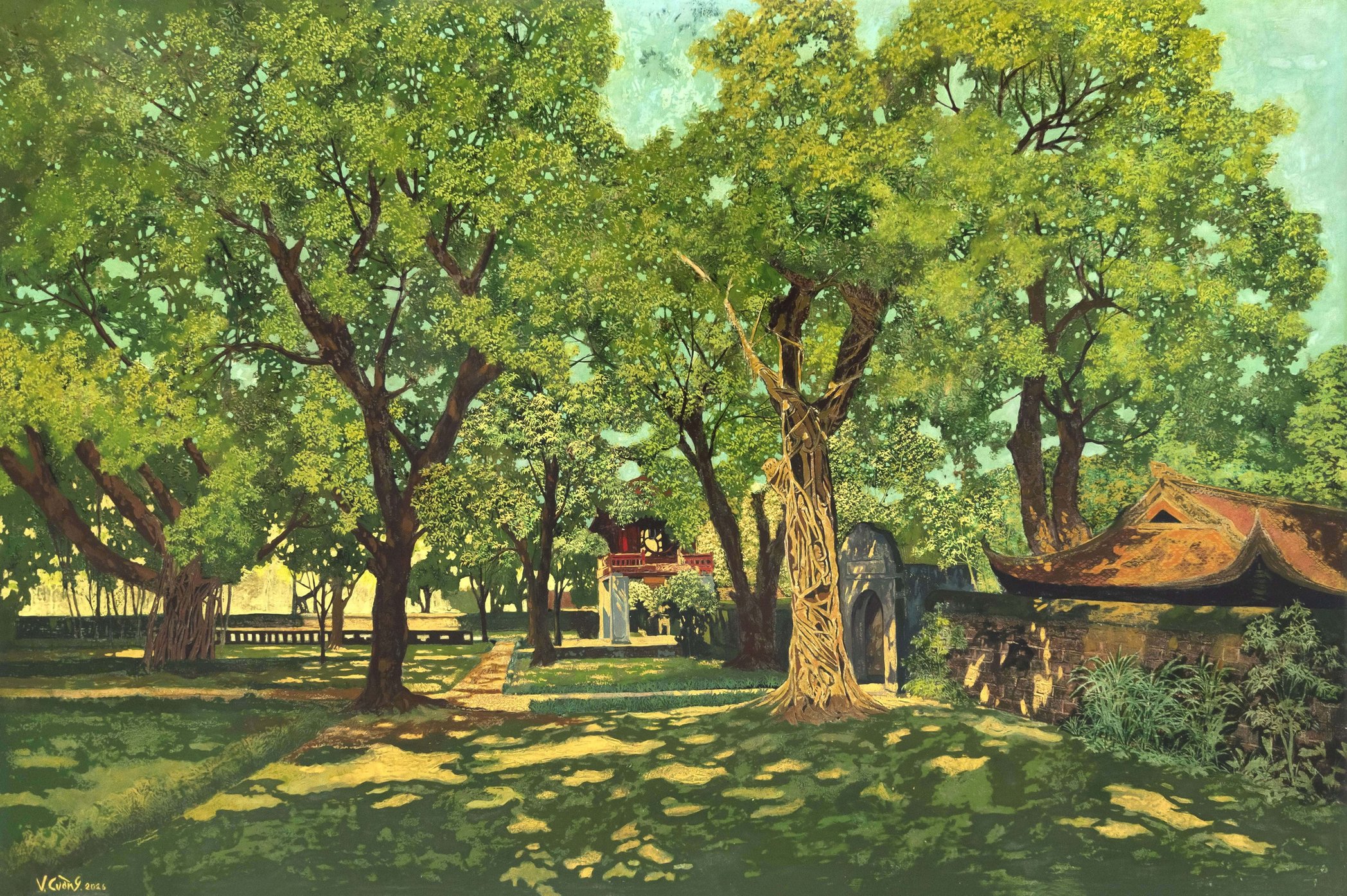 The Green Temple of Literature - Lacquer Painting by Artist Chu Viet Cuong