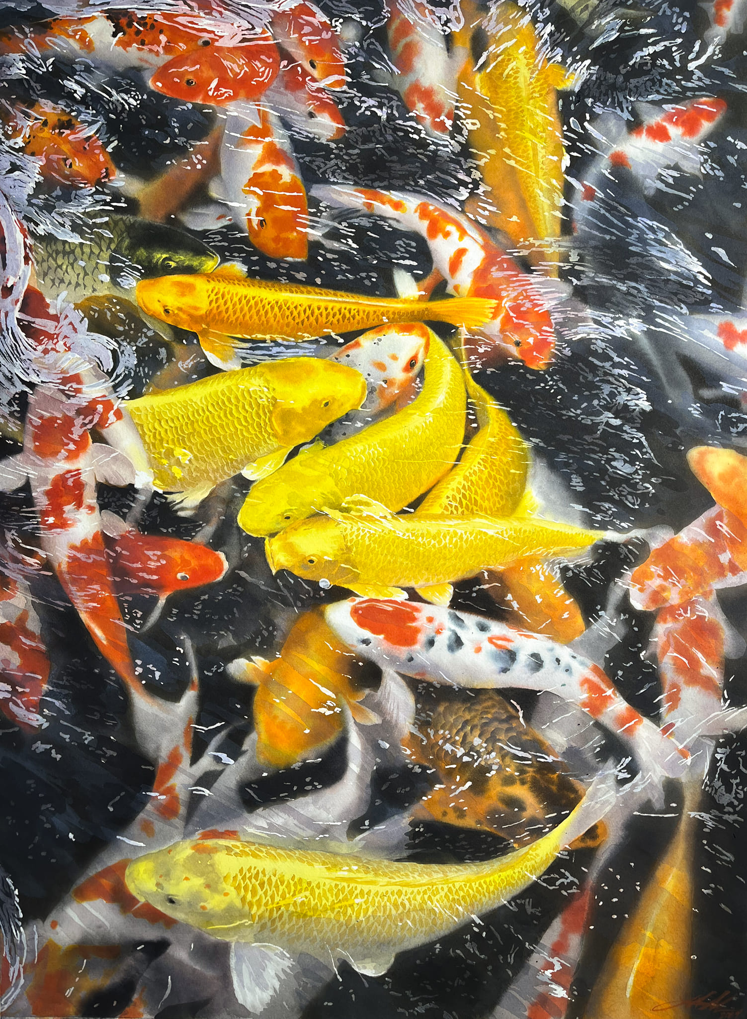 Golden Vietnamese Watercolor Painting by Artist Nguyen Dinh Lam