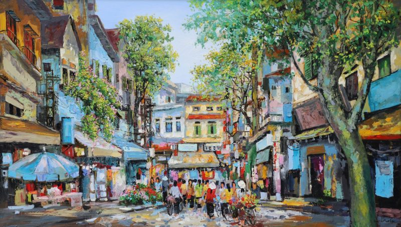 Vibrant Market - Vietnamese Oil Painting by Artist Giap Van Tuan