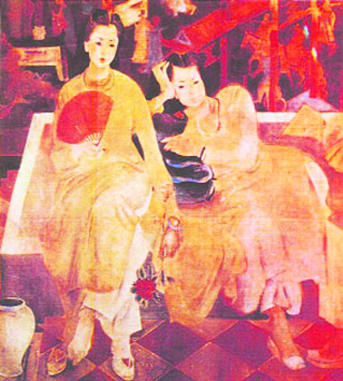 Vietnam Most Famous Paintings - Two Ladies in front of the Folding Screen