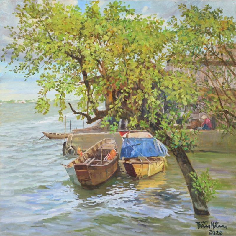 Waiting Boats - Vietnamese Oil Painting by Artist Tran Nam