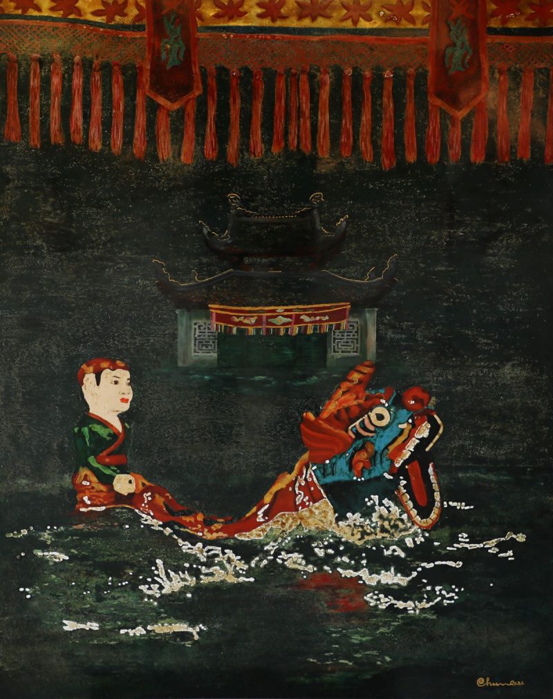 Water Puppetry - Vietnamese Lacquer Painting by Artist Nguyen Thanh Chung