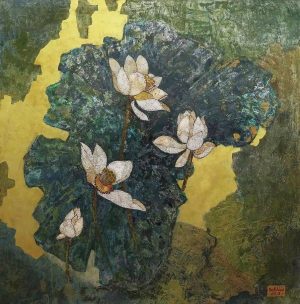 White Lotus 02 - Vietnamese Lacquer Paintings on Wood by Do Khai
