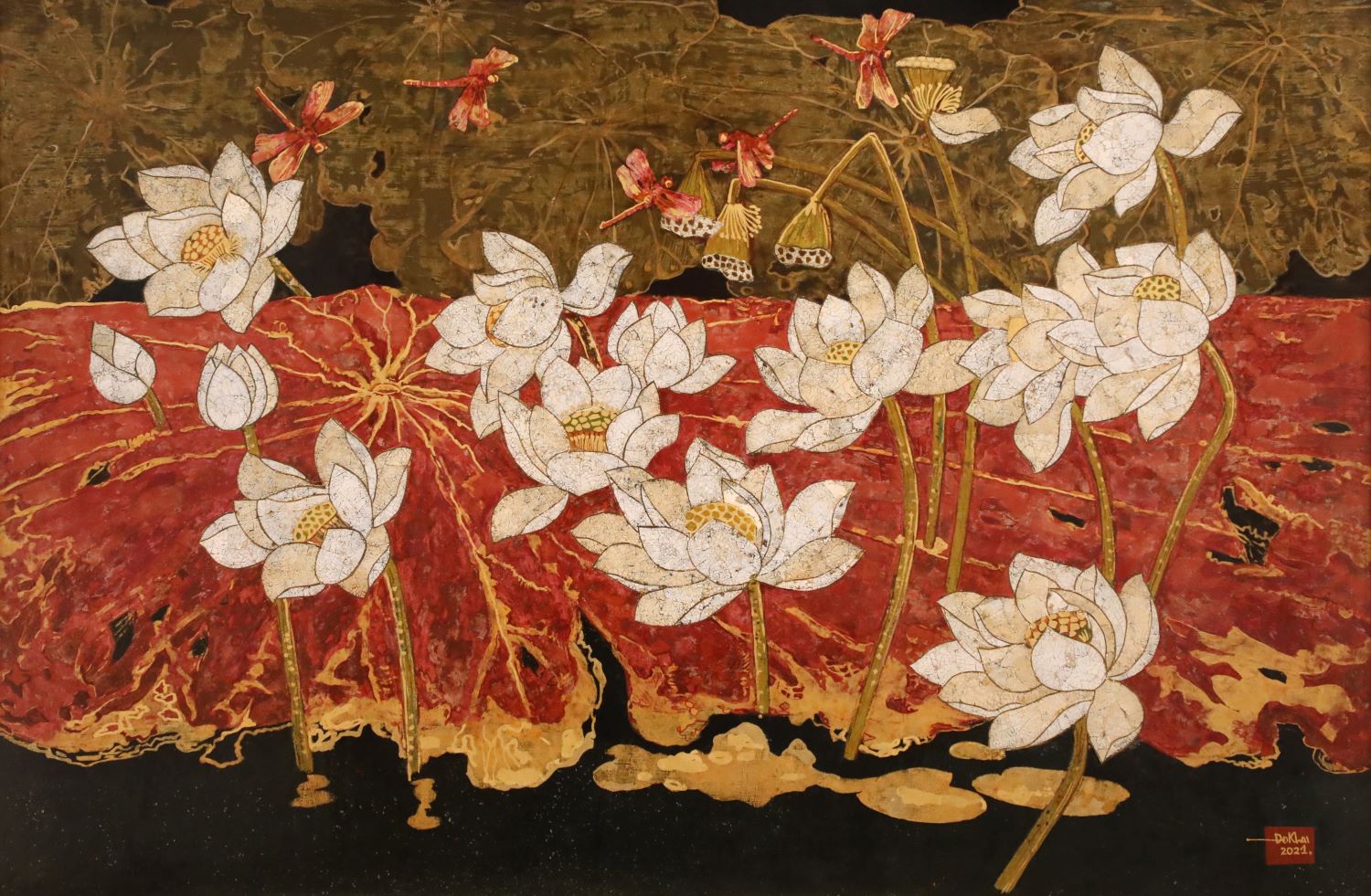 White Lotus 07 - Vietnamese Lacquer Painting by Artist Do Khai