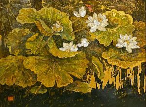 White Lotus 08 - Vietnamese Lacquer Paintings Flower by Artist Do Khai