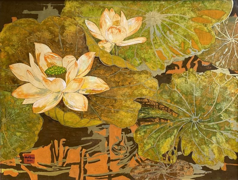 White Lotus 10 - Vietnamese Lacquer Painting Flower by Artist Do Khai
