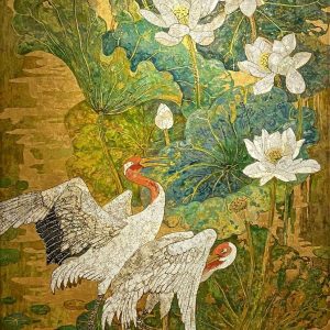 White Lotus 12 - Vietnamese Lacquer Paintings Flower by Artist Do Khai