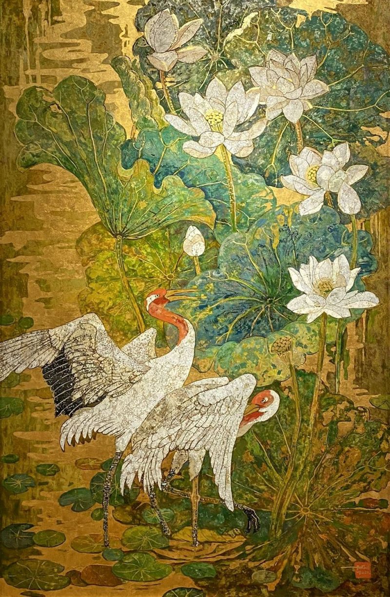 White Lotus 12 - Vietnamese Lacquer Paintings Flower by Artist Do Khai