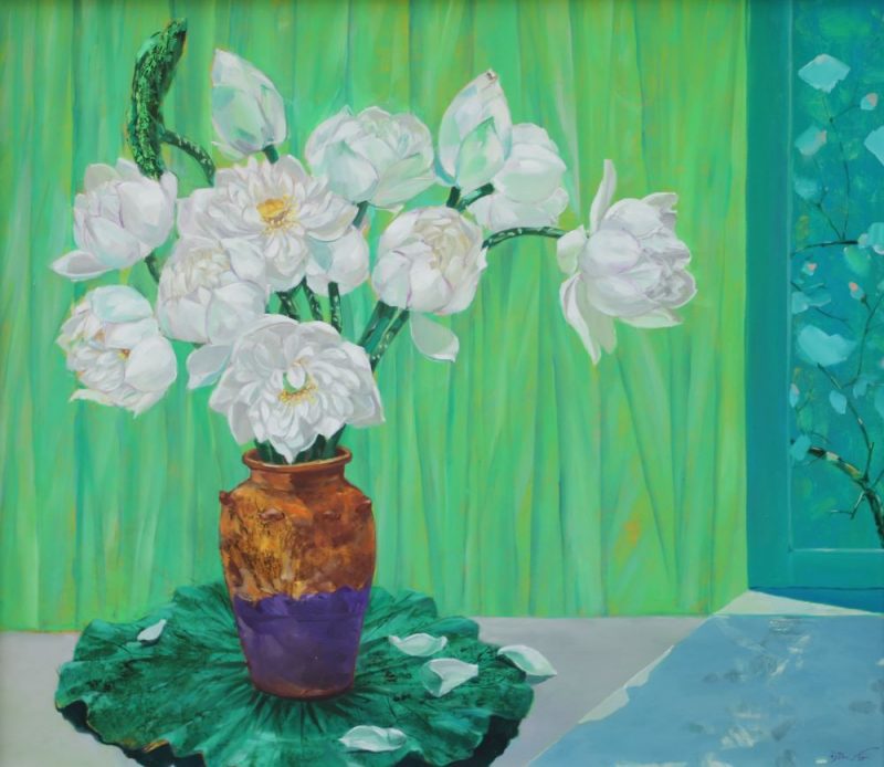 White Lotus 05 - Vietnamese Oil Paintings Flower by Artist Dinh Dong