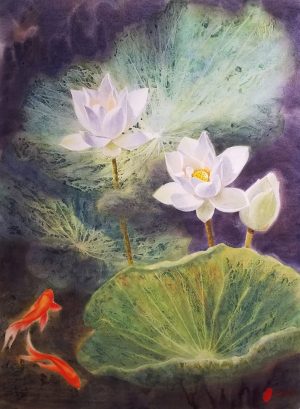 White Lotus - Vietnamese Watercolor Painting by Artist Nguyen Lam