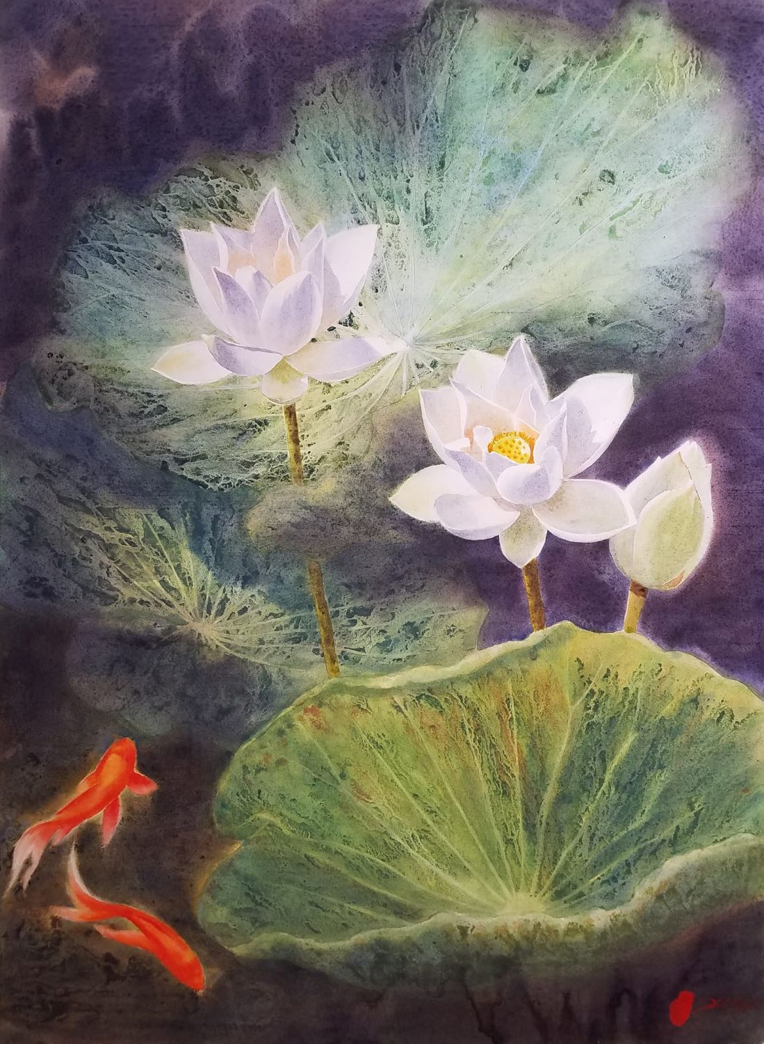 White Lotus - Vietnamese Watercolor Painting by Artist Nguyen Lam