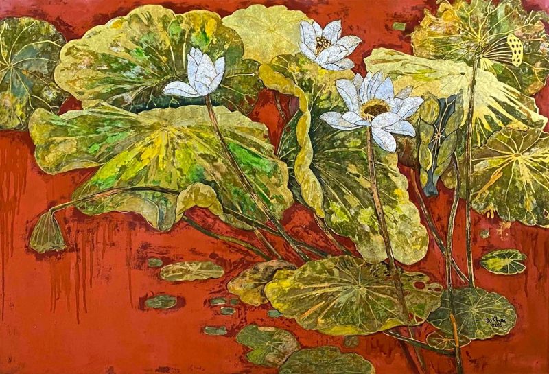 White Lotus XIV - Vietnamese Lacquer Painting by Artist Do Khai