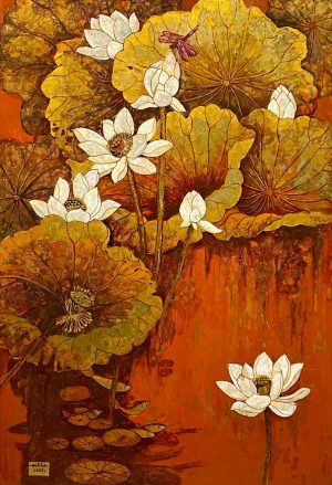 White Lotus XV Vietnamese Lacquer Painting by Artist Do Khai