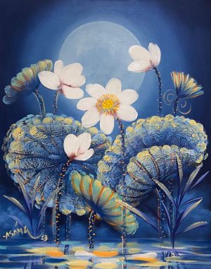 White Lotuses in the Moonlight - Vietnamese Oil Painting by Artist Hoang A SangWhite Lotuses in the Moonlight - Vietnamese Oil Painting by Artist Hoang A Sang