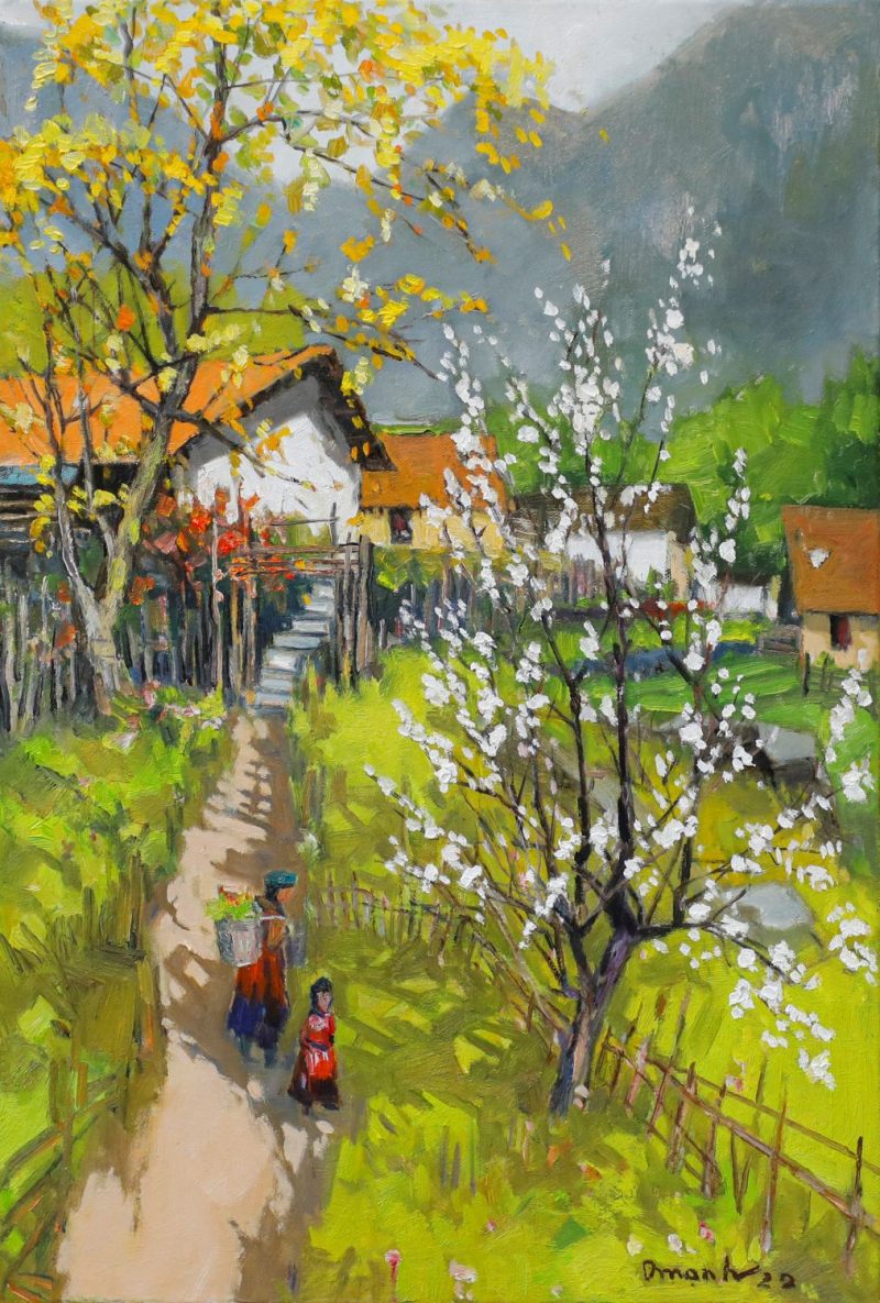 Winter Comes to My Village - Vietnamese Oil Painting by Artist Lam Duc Manh