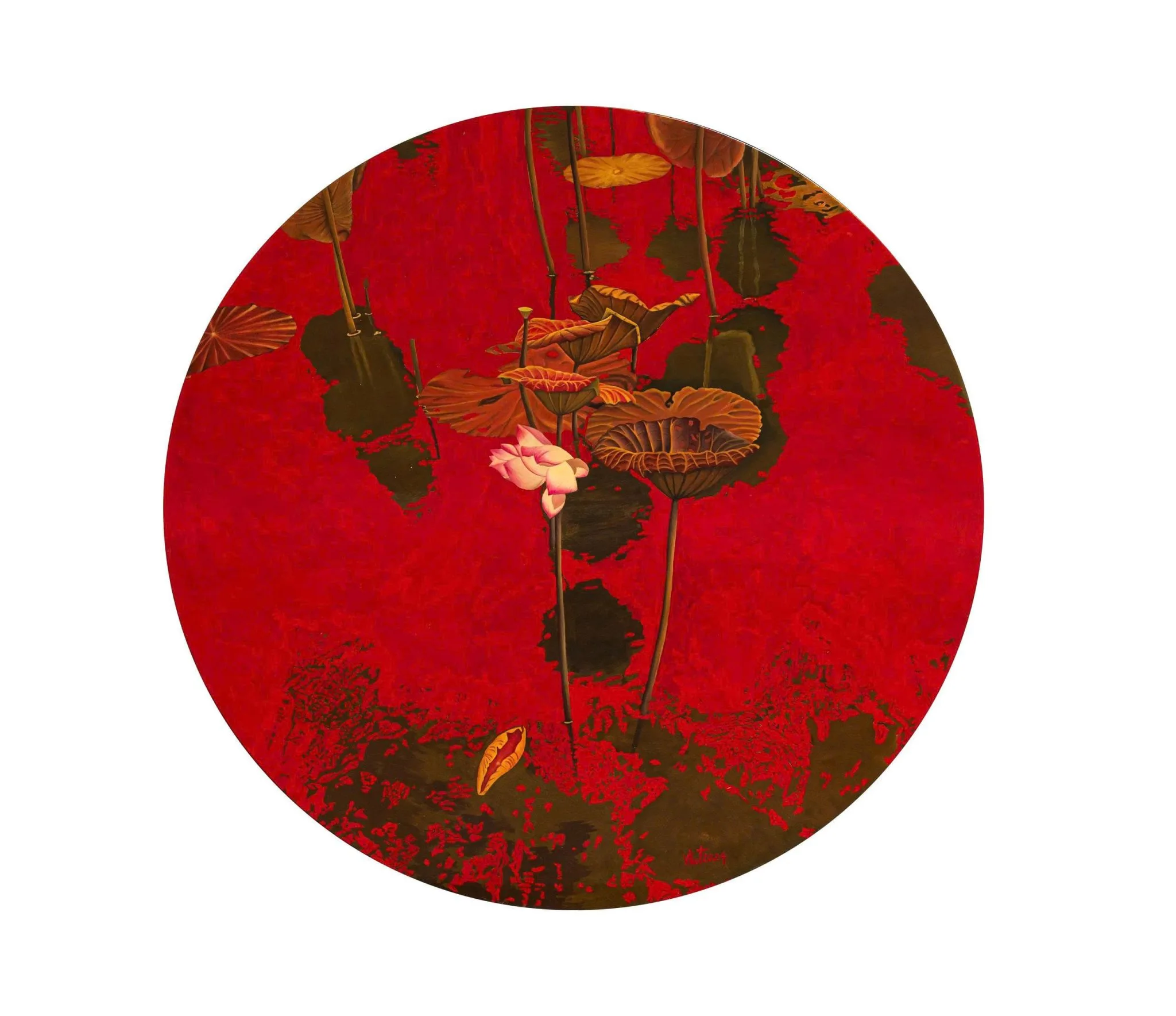 Heart of the Crimson Lotus - Lacquer Painting by Artist Nguyen Xuan Viet