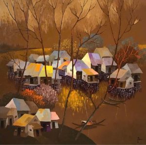 Riverside Hamlet - Vietnamese Acrylic Painting by Artist Nguyen Quy Tam