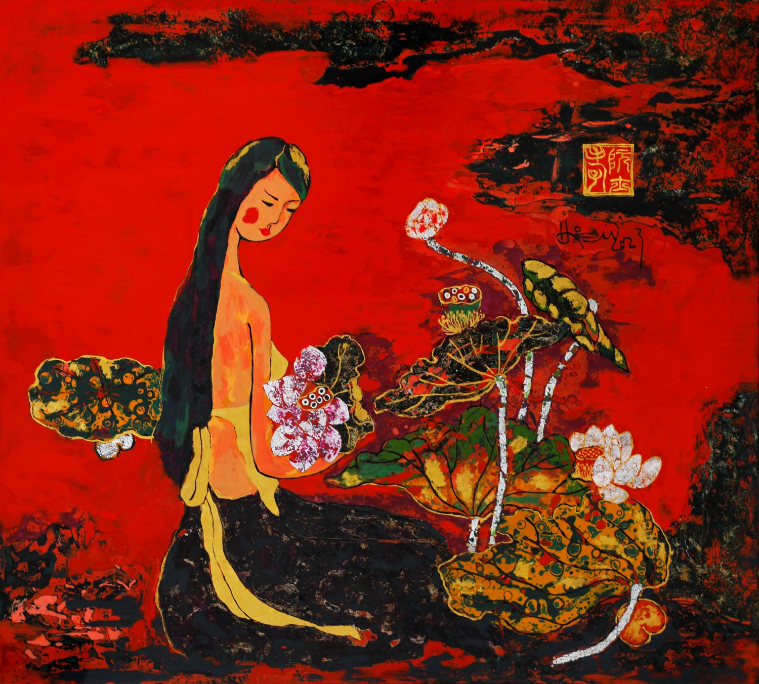 Adolescent Girl - Vietnamese Lacquer Painting by Artist Sy Hieu