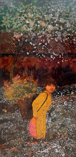 Spring Tenderness - Vietnamese Lacquer Painting by Artist Trinh Que Anh